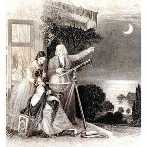 Astronomer William Herschell Engraving 1850 Victorian Art At Telescope DWU11A
